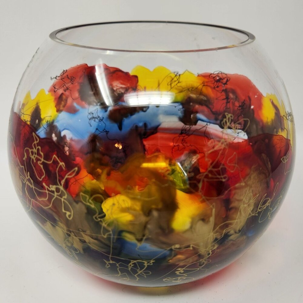 Vintage Colorful Painted Glass Bowl w Gold Threads Handcrafted Vase Royal Danube